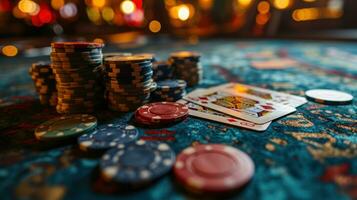 AI generated Casino gambling chips and cards on table. photo