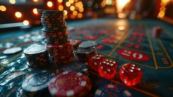 AI generated Casino roulette table with red dice and chips. photo