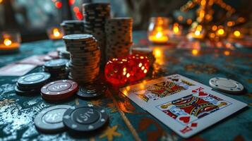 ai generado póker papas fritas y tarjetas en el mesa en el casino. selectivo enfocar. foto