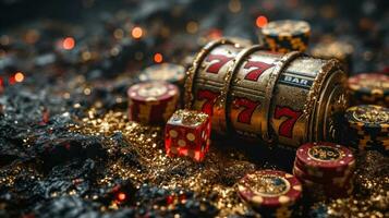 AI generated Casino gambling concept. Golden casino chips and cards on black background. photo