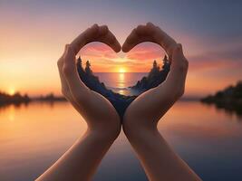 AI generated Golden Sunset Cradled in Heart Hands Valentine's Day Love photo