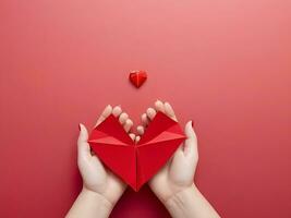 AI generated 3D Polygonal Red Heart Held by Female Hands Valentine's Day Concept photo