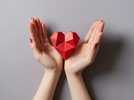 AI generated 3D Polygonal Red Heart Held by Female Hands Valentine's Day Concept photo