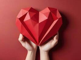 AI generated 3D Polygonal Red Heart Held by Female Hands Valentine's Day Concept photo