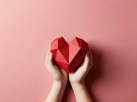 AI generated 3D Polygonal Red Heart Held by Female Hands Valentine's Day Concept photo