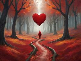 ai generado San Valentín día escapar hallazgo amor en medio de rojo otoño colores foto