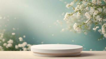 AI generated White round podium on wooden table and white flowers Tung Blossom background. 3d render photo