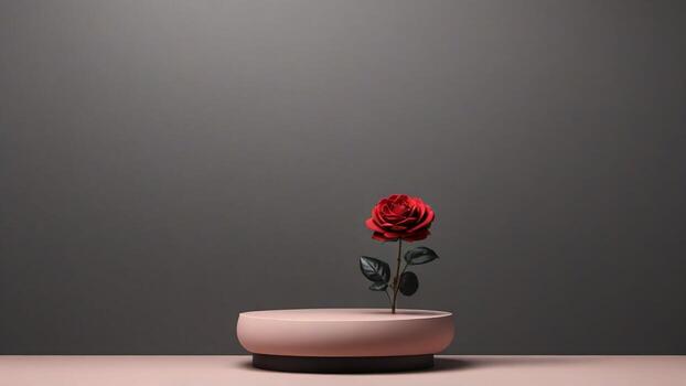 ai generado rojo Rosa en el podio. 3d prestar. minimalista composición. oscuro antecedentes foto