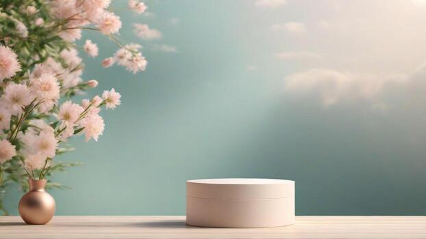 ai generado blanco redondo podio para producto presentación con flores en el Dom antecedentes. 3d hacer foto