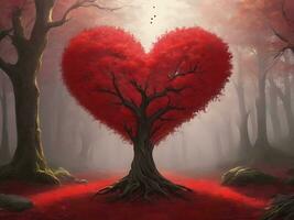 AI generated Red heart shaped tree 3d Red love valentines day photo