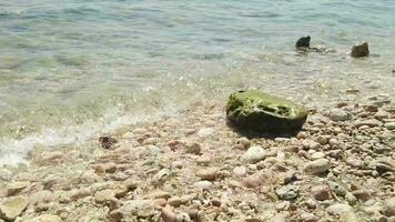 Pebbles, rocks, and waves in Watu Leter Beach, Malang, East Java, Indonesia. Calm waves on the beach. video