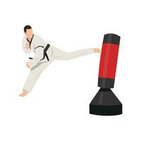 joven hombre haciendo espalda patada a el puñetazos bolso taekwondo marcial Arte. vector