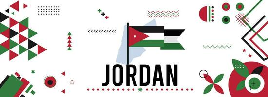 Jordan national or independence day banner for country celebration. Flag and map of Jordan modern retro design with typorgaphy abstract geometric icons. Vector illustration.