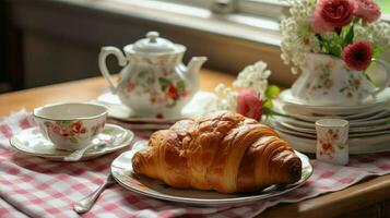 ai generado desayuno cocina cruasán comida foto