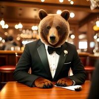 AI generated Bear dressed in a festive holiday suit , sitting at a table in a bar. Anthropomorphic animals. Generative AI. photo