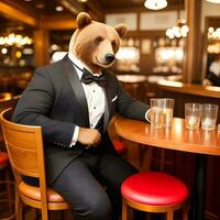 AI generated Bear dressed in a festive holiday suit , sitting at a table in a bar. Anthropomorphic animals. Generative AI. photo