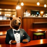 AI generated Bear dressed in a festive holiday suit , sitting at a table in a bar. Anthropomorphic animals. Generative AI. photo