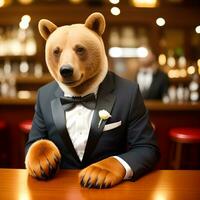 ai generado oso vestido en un festivo fiesta traje , sentado a un mesa en un bar. antropomórfico animales generativo ai. foto