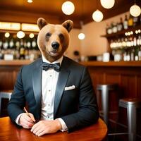 AI generated Bear dressed in a festive holiday suit , sitting at a table in a bar. Anthropomorphic animals. Generative AI. photo
