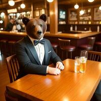 AI generated Bear dressed in a festive holiday suit , sitting at a table in a bar. Anthropomorphic animals. Generative AI. photo