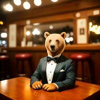 AI generated Bear dressed in a festive holiday suit , sitting at a table in a bar. Anthropomorphic animals. Generative AI. photo