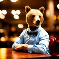 AI generated Bear dressed in a festive holiday suit , sitting at a table in a bar. Anthropomorphic animals. Generative AI. photo