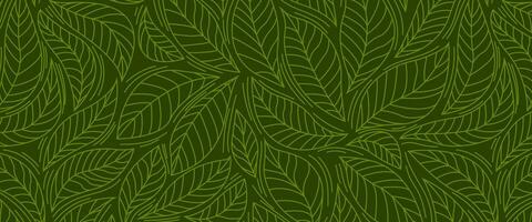 Leaves seamless pattern on green isolated background. Nature pattern design, hand drawn outline. Vector illustration for paper, cover, fabric, print, gift wrap