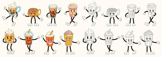 Groovy coffee drinks characters set in groovy style. Characters with smiles for coloring book. Glasses, mugs, paper cups mascot element collection. Vector illustration isolated on a beige background.