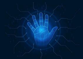 Cybersecurity technology Hands connected to technology circuit Show identification by scanning your hand to access important cyber information with data protection system vector