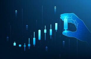 Stock chart technology A hand holding a candlestick chart represents managing a business to grow into a leader. Modern finance uses technology to see prices in the stock market. vector