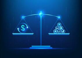 Weighing scale Weighing money with icons representing work, investing, and saving money in exchange for money for future expenses. Vector illustration