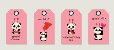 Vector set of discount price tags. Labels with Cute little sitting pandas holds hearts. Valentine's day sale.