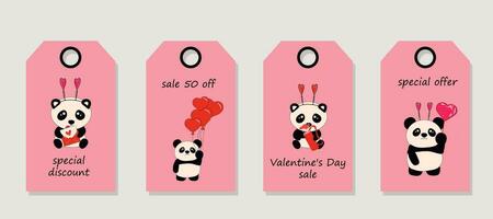 vector conjunto de descuento precio etiquetas etiquetas con linda pequeño sentado pandas sostiene corazones. San Valentín día venta.