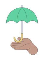 Umbrella holding linear cartoon character hand illustration. Rainy weather protection parasol outline 2D vector image, white background. Weatherproof. Risk management editable flat color clipart