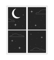 Window night black and white 2D line cartoon object. Nighttime moon window frame isolated vector outline item. Looking outside. House interior view evening monochromatic flat spot illustration