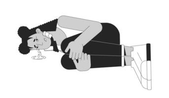 Heartbroken latina woman lying curled up black and white 2D line cartoon character. Suffering period cramps girl isolated vector outline person. Emotional stress monochromatic flat spot illustration