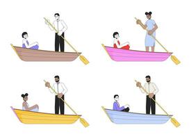 Diverse couples on gondola ride 2D linear cartoon characters set. Heterosexual, homosexual sweethearts isolated line vector people white background. Dating color flat spot illustrations collection