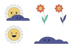 Weather seasons changing 2D linear cartoon characters set. Forecast, emotional flowers isolated line vector personages white background. Environmental color flat spot illustrations collection