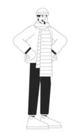 Winter outerwear caucasian man happy black and white 2D line cartoon character. Warm scarf european male hands on hips isolated vector outline person. Good time monochromatic flat spot illustration