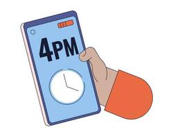 Checking time on smartphone linear cartoon character hand illustration. Alarm clock on mobile phone outline 2D vector image, white background. Cellphone using phone gadget editable flat color clipart