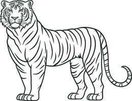 black and white outline illustration of the walking tiger. AI generated illustration. vector