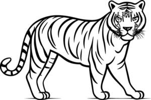 black and white outline illustration of the walking tiger. AI generated illustration. vector