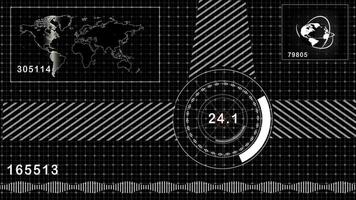 a black and white screen with a globe and other symbols video