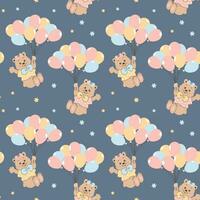 Seamless pattern, cute cartoon bears flying on balloons in the sky with stars. Baby shower background, print, vector
