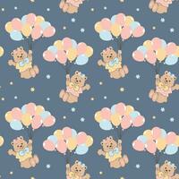 Seamless pattern, cute cartoon bears flying on balloons in the sky with stars. Baby shower background, print, vector