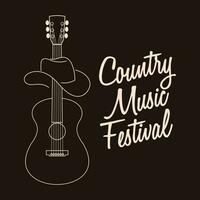 Country music festival lettering and silhouette of acoustic guitar and cowboy hat. Music poster, black and white illustration, vector