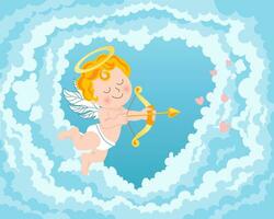 Cute cupid with bow and arrow, baby angel with a halo in the sky with clouds. Illustration, vector
