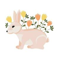 linda Pascua de Resurrección conejito en primavera flores en un blanco antecedentes. fiesta imprimir, ilustración, tarjeta postal, vector