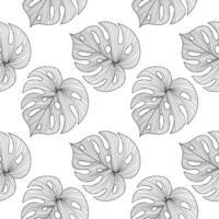 Seamless pattern with line art tropical leaves of monstera. Gray and white design. Print, textile, pattern, vector