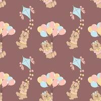 Seamless pattern, cute cartoon bears flying on balloons and kites. Baby shower background, print, vector
